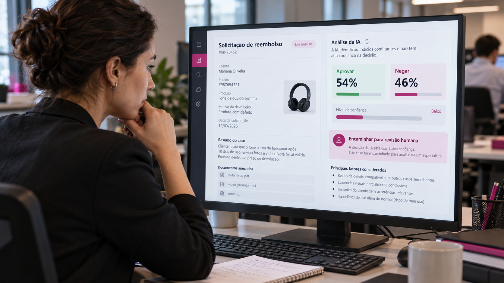 Profissional analisa em um monitor um pedido de reembolso com probabilidades de 54% para aprovação e 46% para negativa, encaminhado para revisão humana.